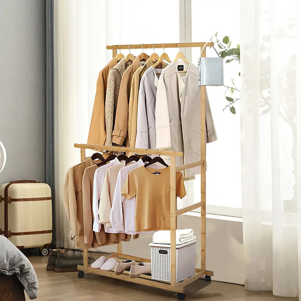 Double Rod Bamboo Clothes Rack with Rolling Wheels Freestanding Garment Stand with Storage Shelf – Natural Wood