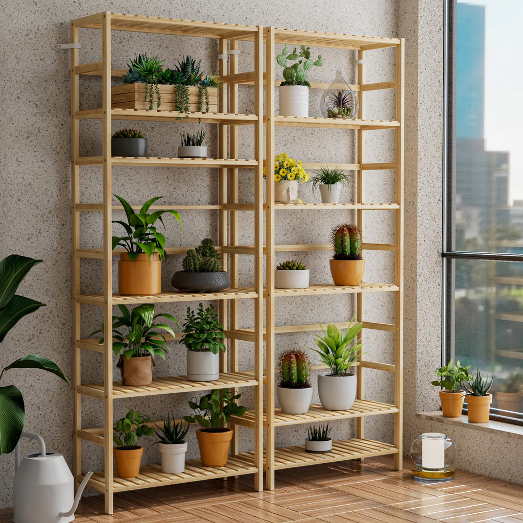 6 Tier Bamboo Storage Shelf Freestanding Bookcase Adjustable Shelving Unit for Living Room Bathroom and Kitchen – Natural Wood