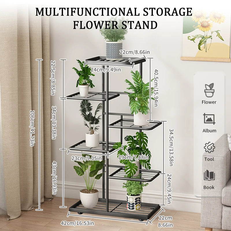 Plant Stand 6 Tier Metal Flower Pot Rack Indoor Outdoor Multi-Layer Plant Holder Storage Shelf - Black