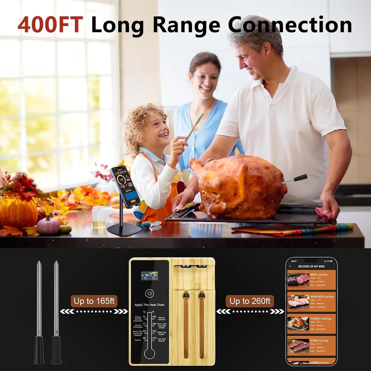 Digital Meat Thermometer Bluetooth 2 Probe 120m Wireless LCD Cooking Thermometer - Black