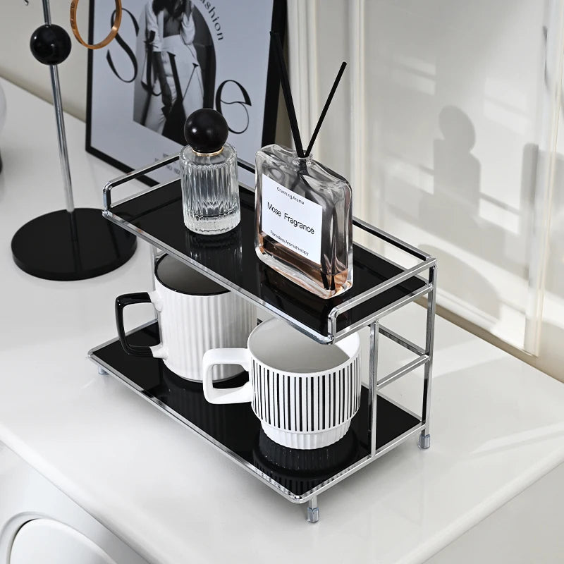 Portable Double-Layer Metal Desktop Storage Rack Organizer for Cups and Cosmetics Black