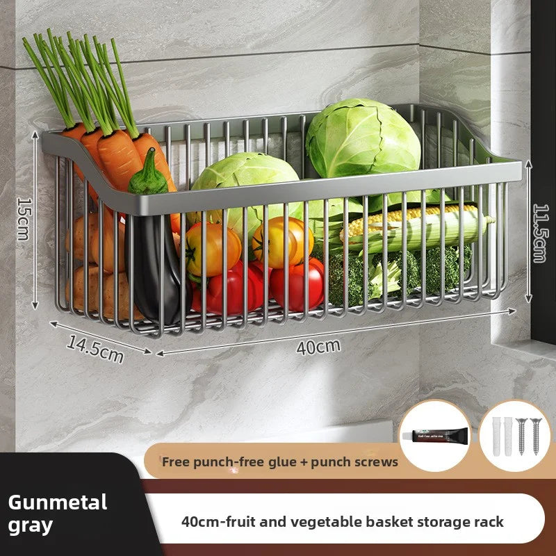 No Drill Wall Mounted Kitchen Storage Rack Metal Spice Organizer Vegetable Basket Shelf – Grey