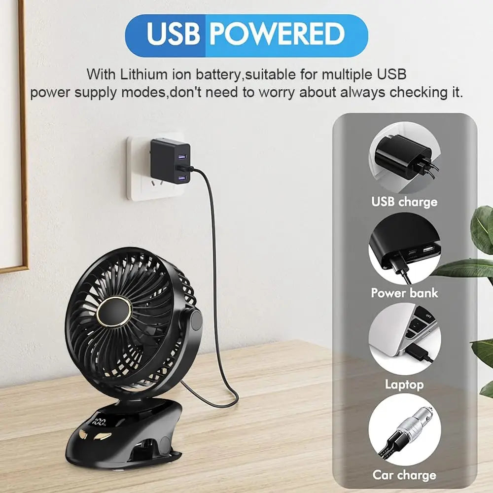 Rechargeable Clip-On Fan with 6000mAh Battery, 5 Speeds & Digital Display – Pink