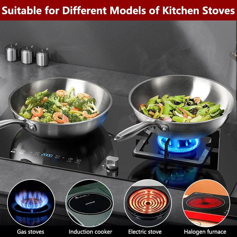 Wok 32cm Tri-Ply Stainless Steel Stir Fry Cooking Pan Glass Lid