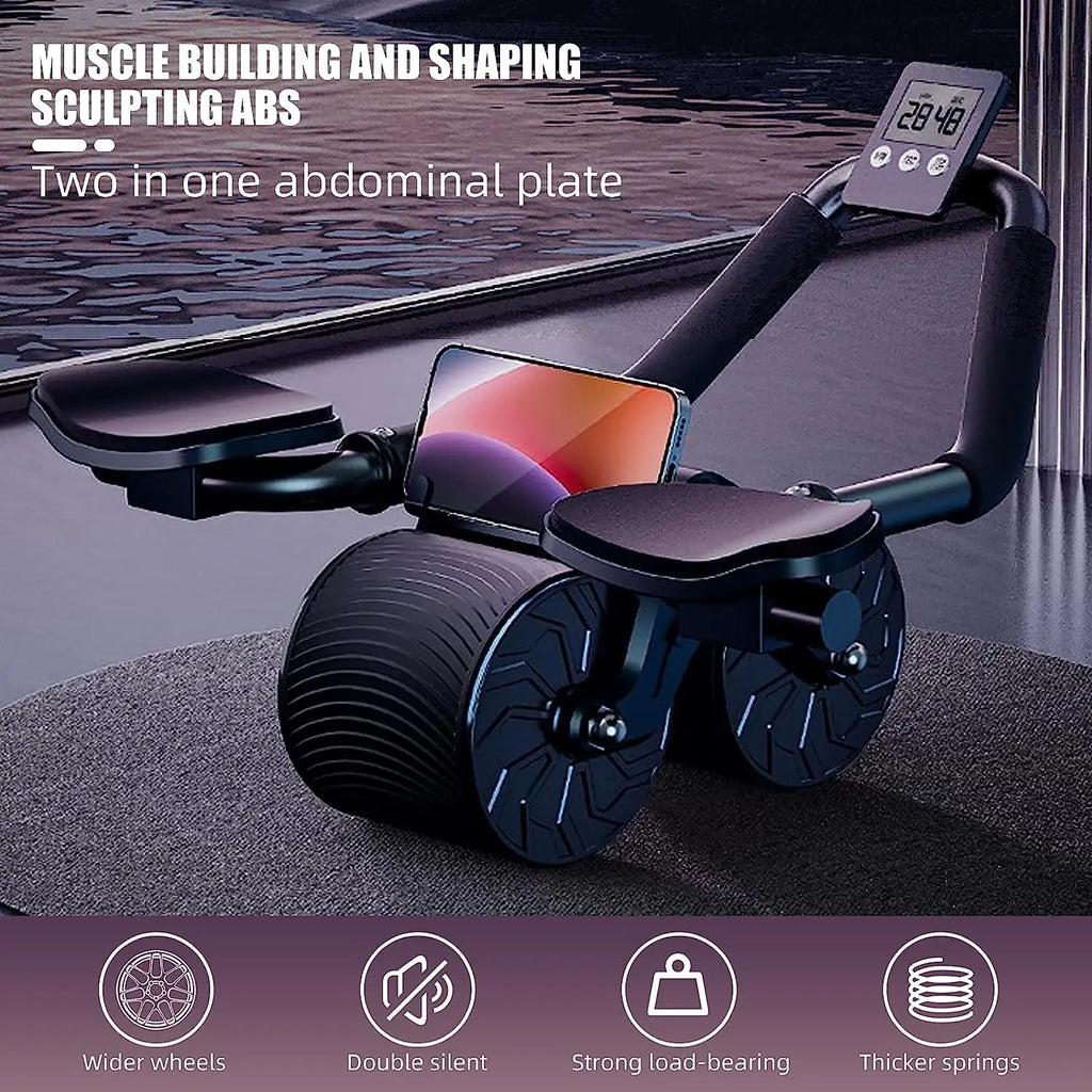 Abdominal Roller Wheel Automatic Rebound Double Wheel Core Trainer with Counter Display - Black