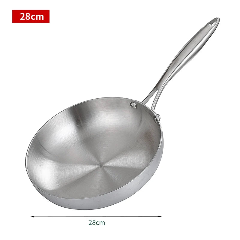 Frying Pan 28cm Stainless Steel Flat Bottom Uncoated Cookware Anti-Scald Handle
