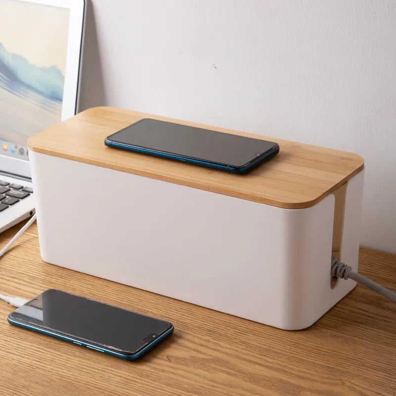 Cable Management Box Bamboo Cover Cord Organiser Power Board Storage - Large