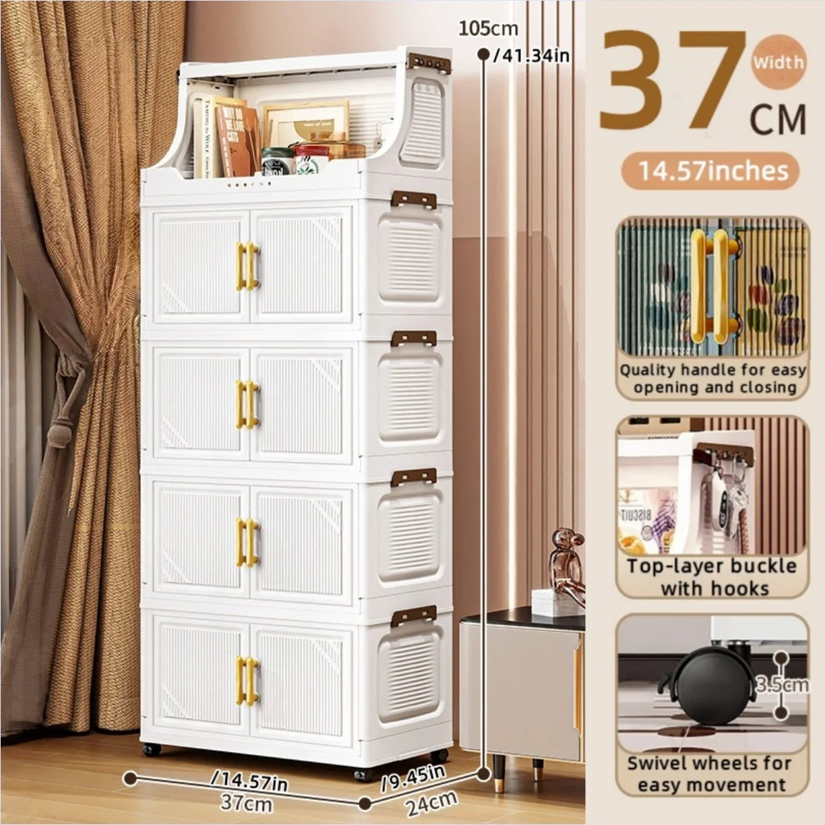 Storage Cabinet Foldable Double Door Organizer  Large Capacity Mobile Storage Box - 3 Tier
