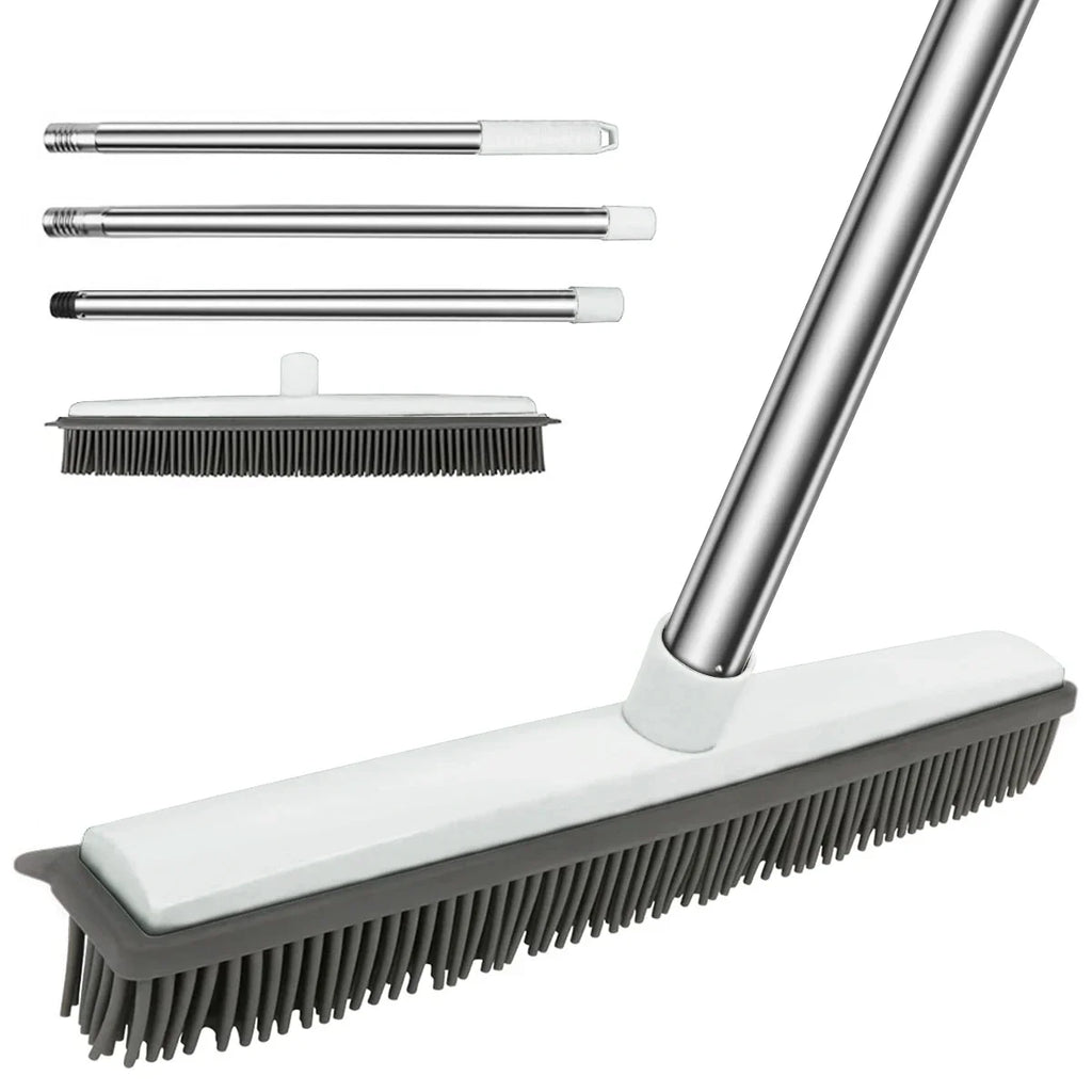 Rubber Broom with Squeegee Adjustable Handle Pet Hair Carpet Cleaner - White