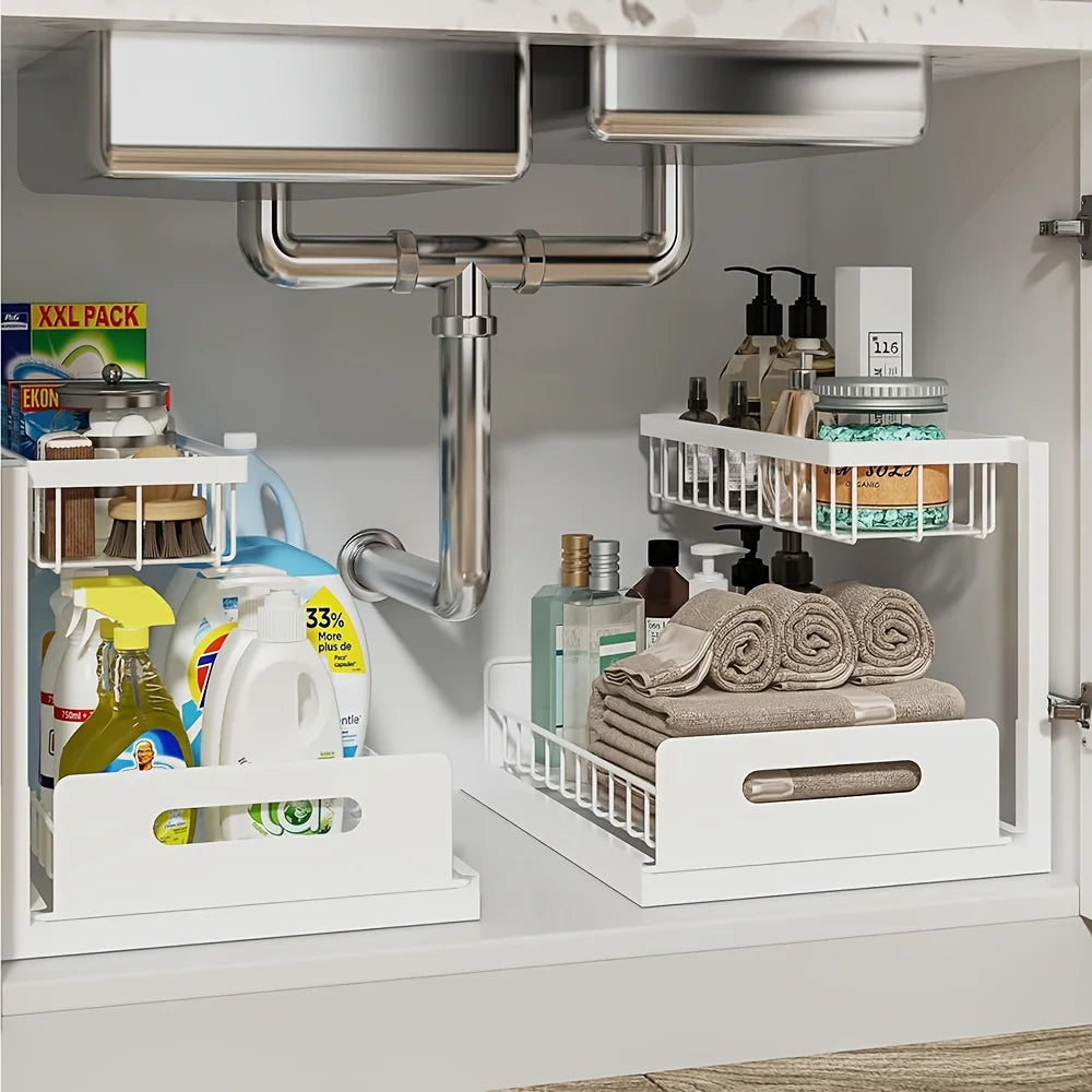 Storage Rack 2 Tier Sliding Under Sink Metal Cabinet Organiser - Black