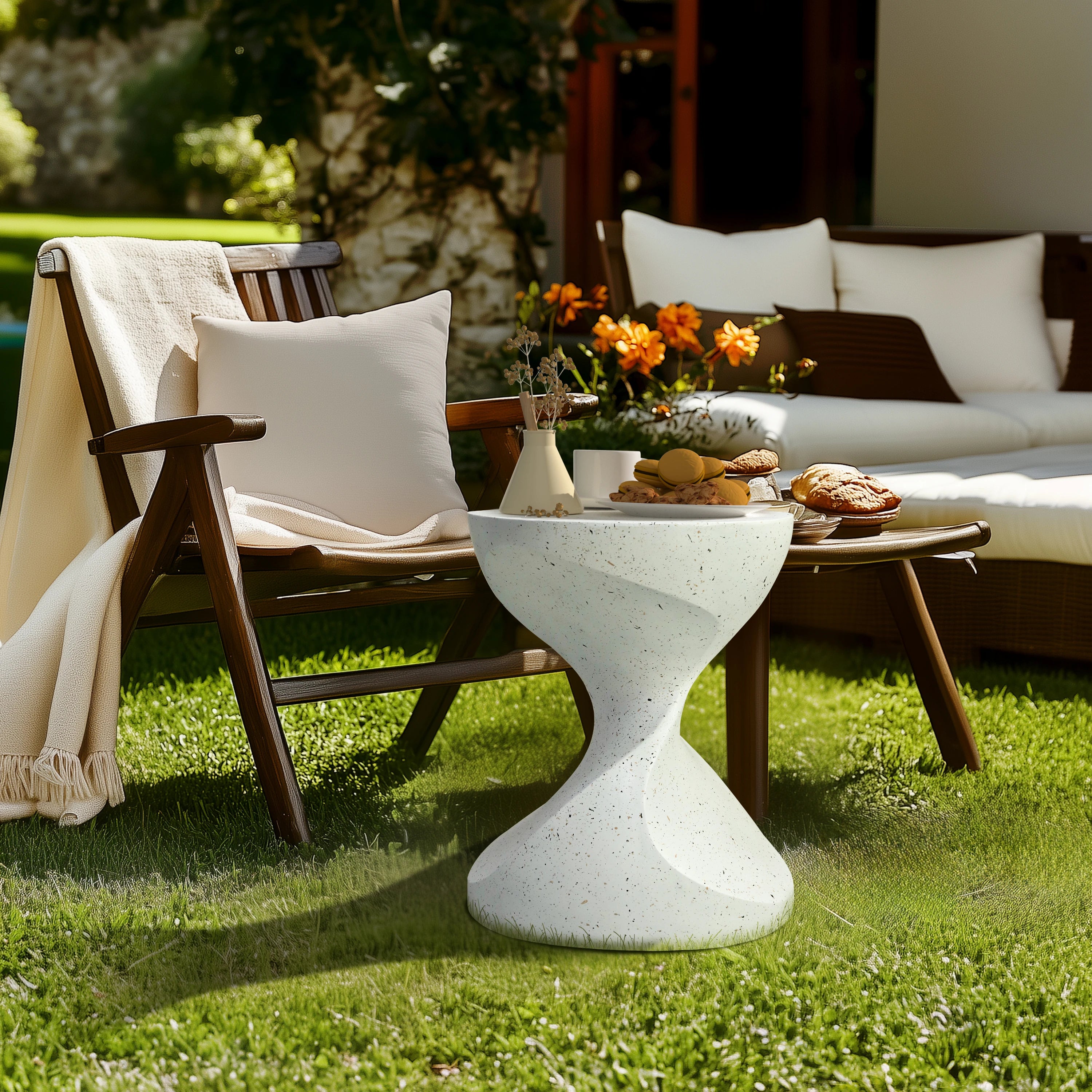 Side Table Concrete 37.5cm Hourglass Shaped Round Accent End Unit – White