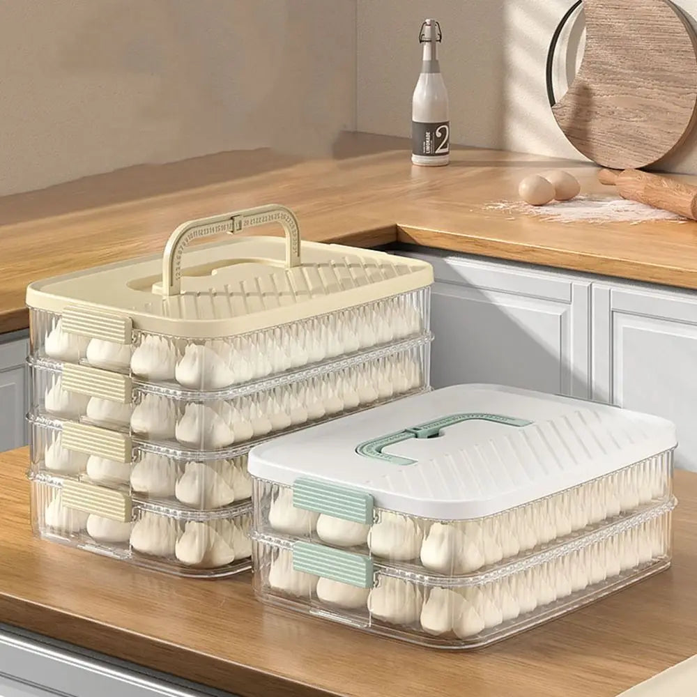 4 Layer Frozen Dumpling Storage Container with Lid Large Capacity Stackable Food Storage Box – Beige