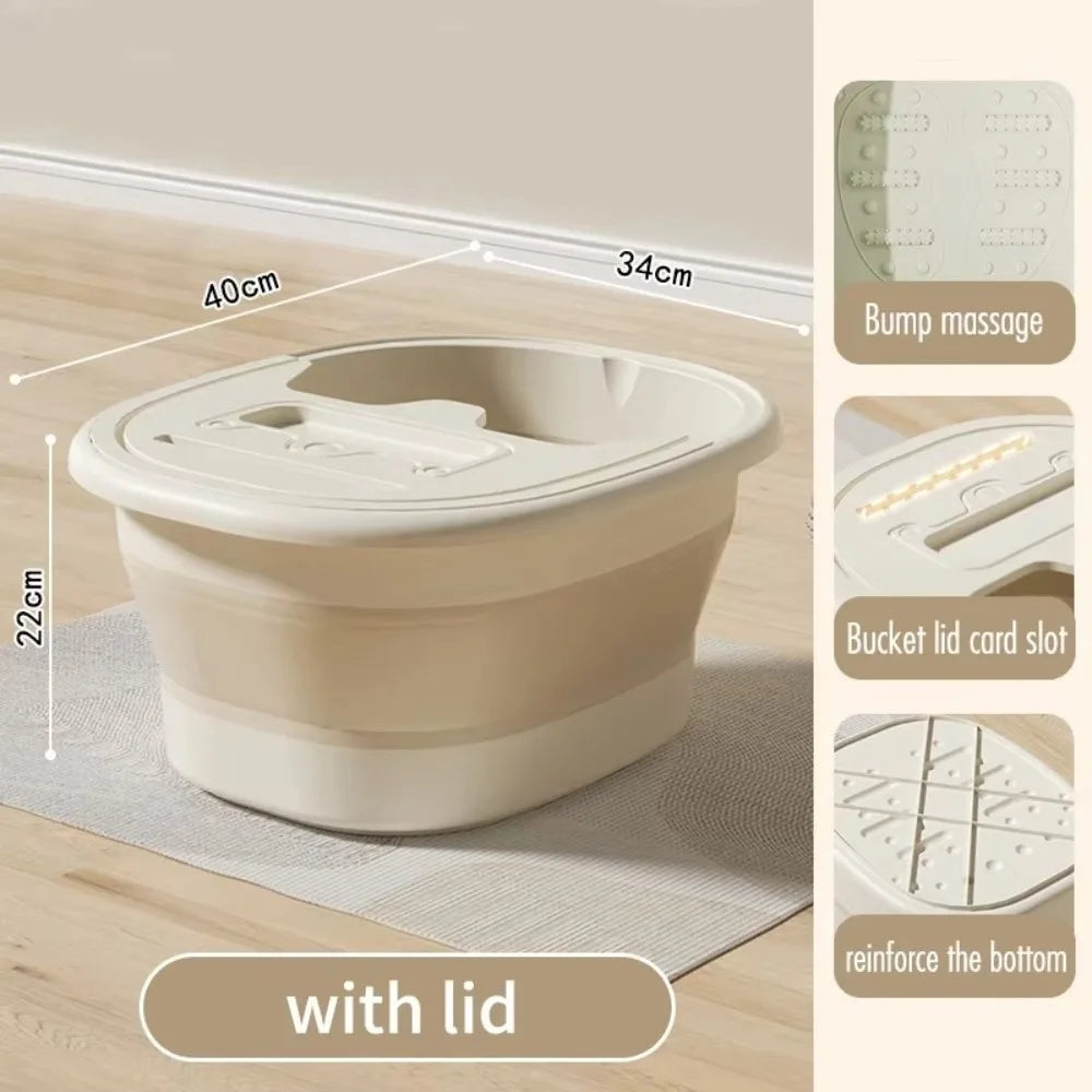 Portable Foldable Foot Bath Tub With Lid Plastic Foot Wash Basin - Beige