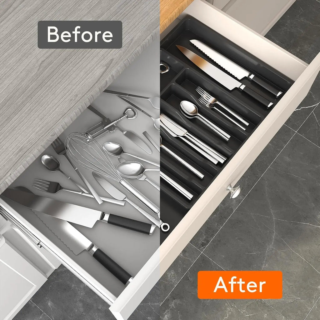 Expandable Drawer Organiser Adjustable Cutlery Storage Tray Non-Slip Kitchen Holder - Grey
