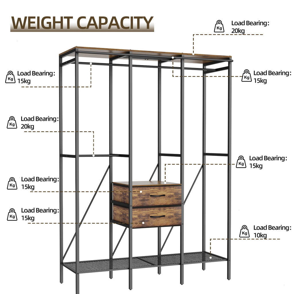 Industrial Clothes Rack Wardrobe with Shelves Drawers and Hanging Rail - Black
