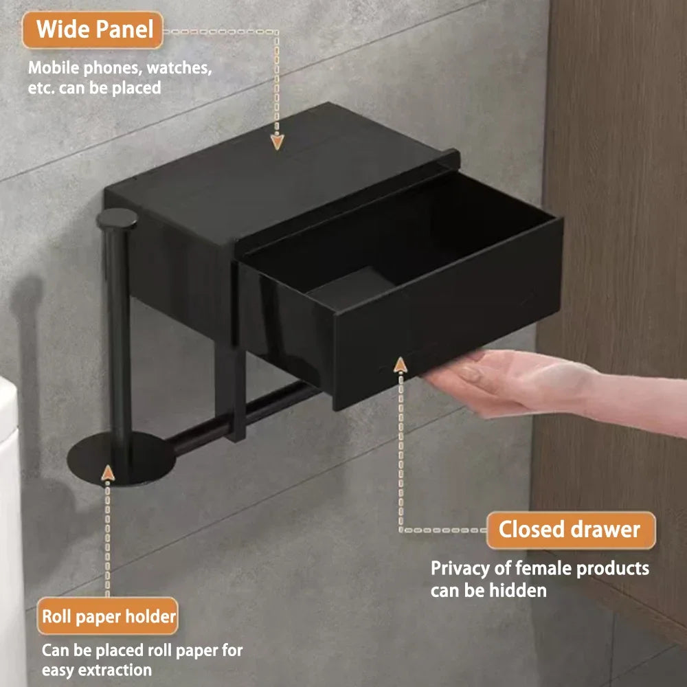 Toilet Paper Holder 275mm Wall Mounted Storage Shelf Adhesive Plastic Carbon Steel Dispenser – White