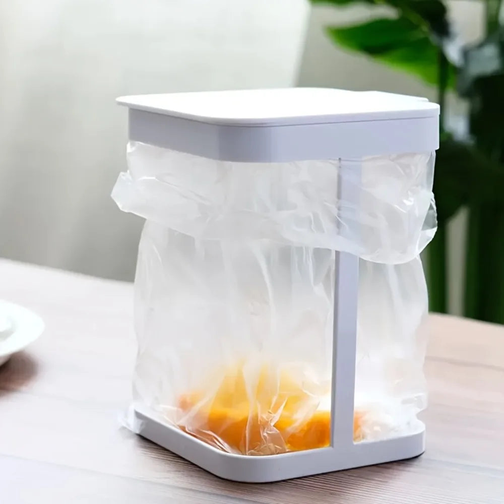 Foldable Mini Trash Bag Holder Portable Desktop Kitchen Food Waste Bin with Lid – White
