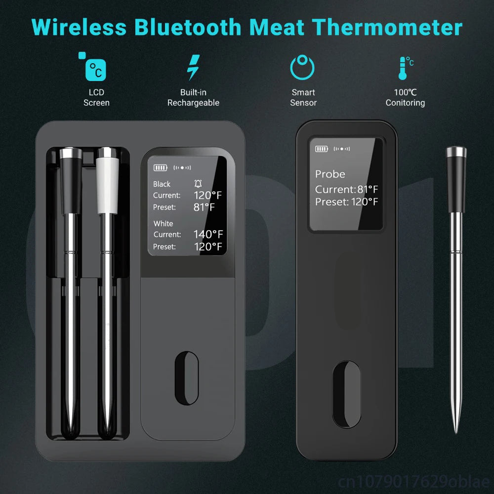 Wireless Bluetooth Meat Thermometer IP67 Waterproof Probes with LCD Screen 2 Probe Rechargeable for Grilling Smoker BBQ Oven