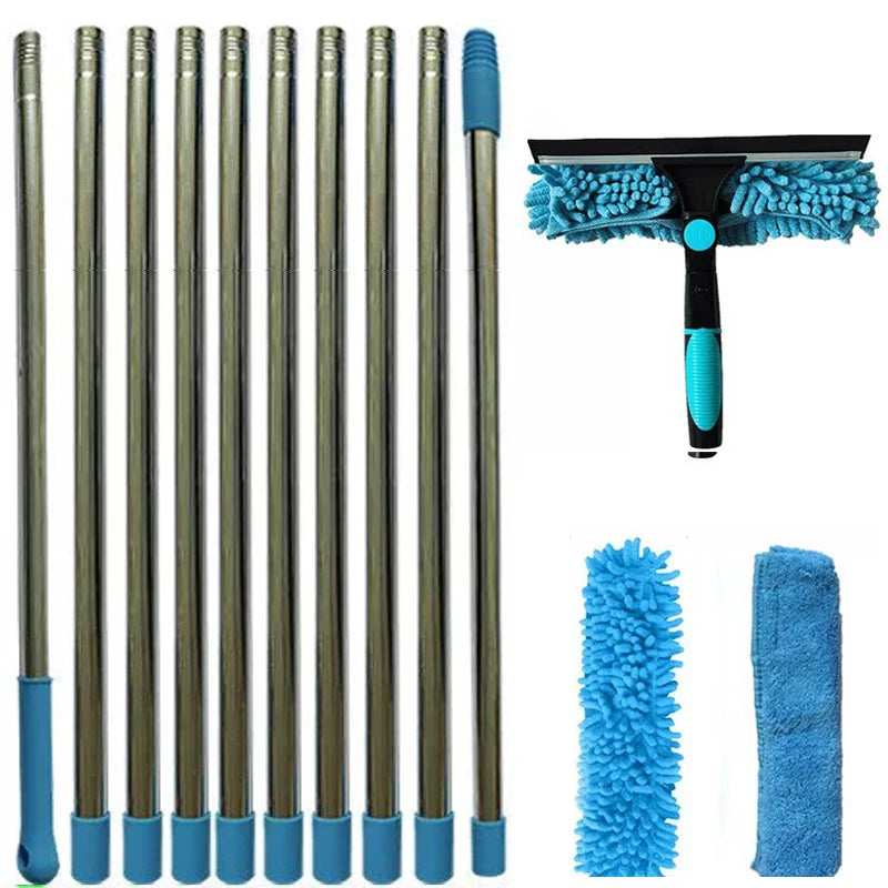 Window Cleaning Kit Extendable 2 in 1 Squeegee Mop 420cm Adjustable Pole with Microfiber Head - Blue