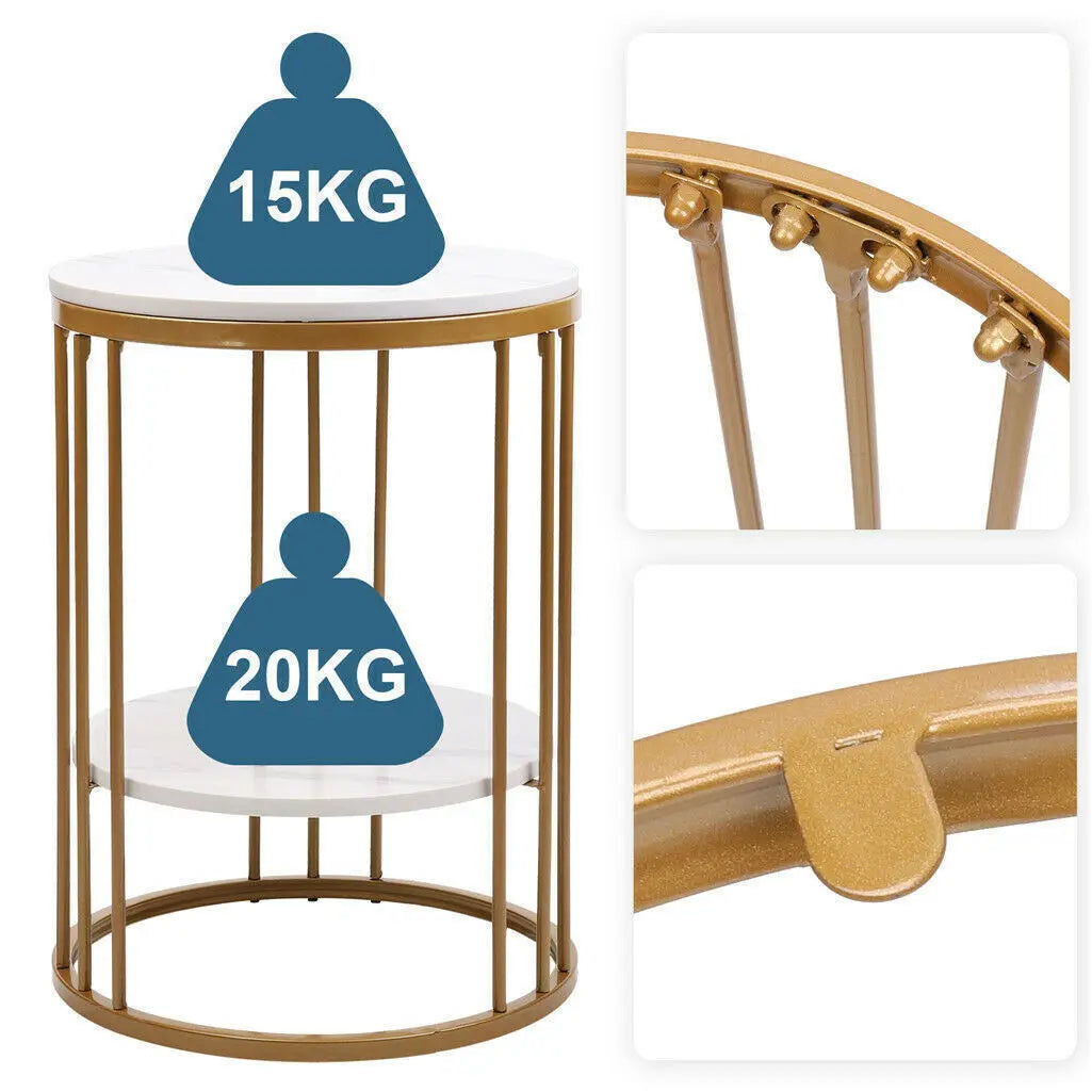 2-Tier Round Side Table with Marble-Style Top and Storage Shelf Gold and White