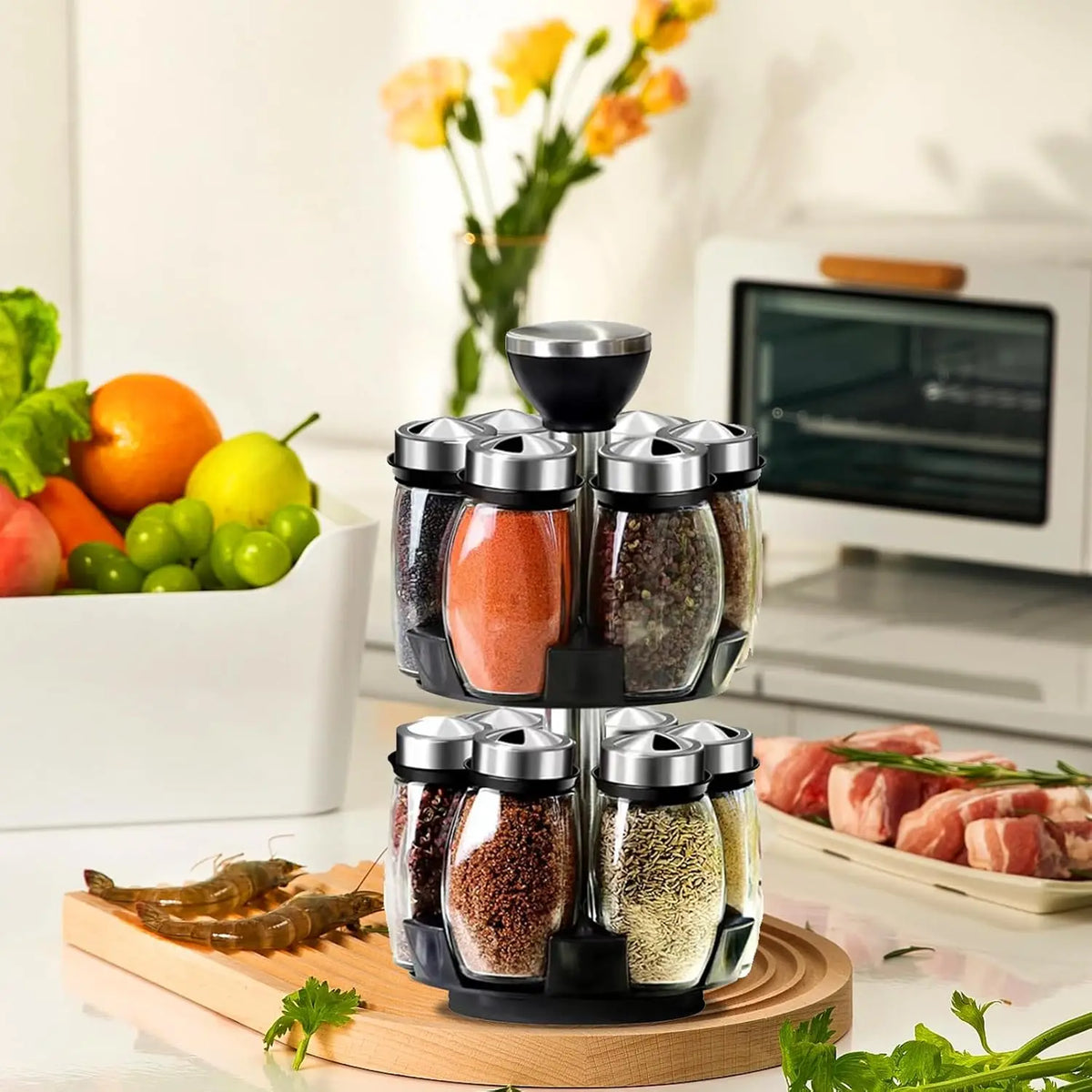 Seasoning Jar Set 6 Pcs Rotatable Glass Spice Containers 360° Kitchen Storage Shakers