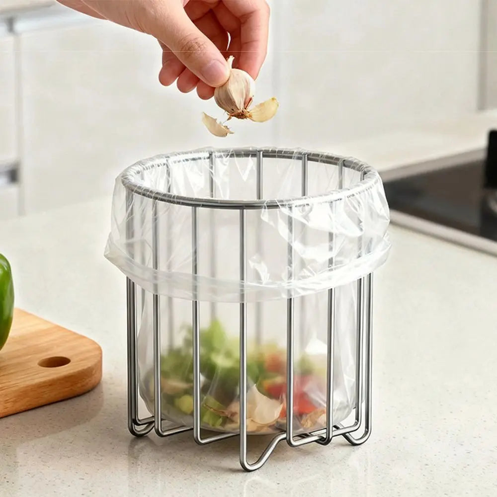 304 Stainless Steel Round Trash Bag Holder Kitchen Sink Garbage Bag Rack Countertop Waste Organizer