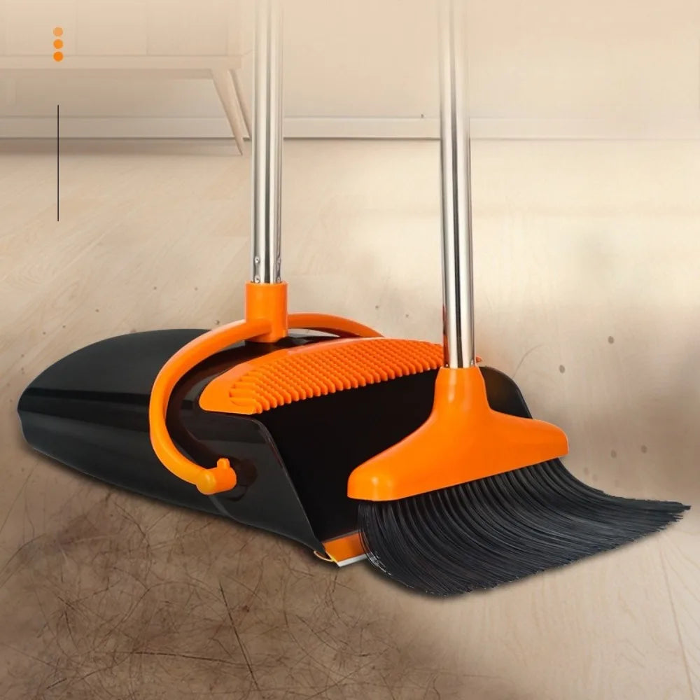 Broom and Dustpan Set Long Handle Upright Cleaning Combo Indoor Outdoor Use Orange