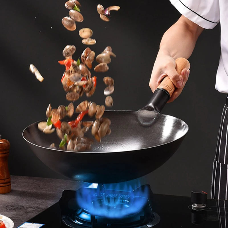 Carbon Steel Wok 32cm Round Bottom Stir Fry Pan Uncoated Cookware – Black