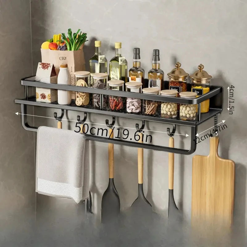 Wall Mounted Aluminum Kitchen Spice Rack with Hook Bar Storage Shelf Organizer – 40cm