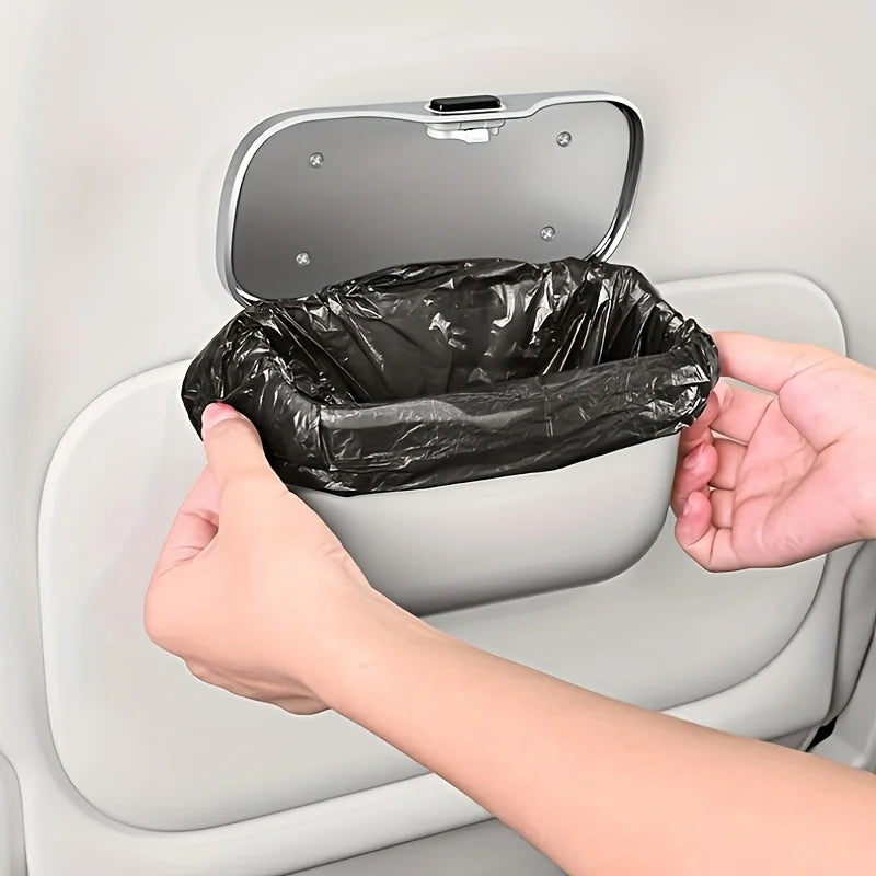 Car Trash Can PU Leather Press Lid Hanging Storage Bin Wet Dry Organiser - Black