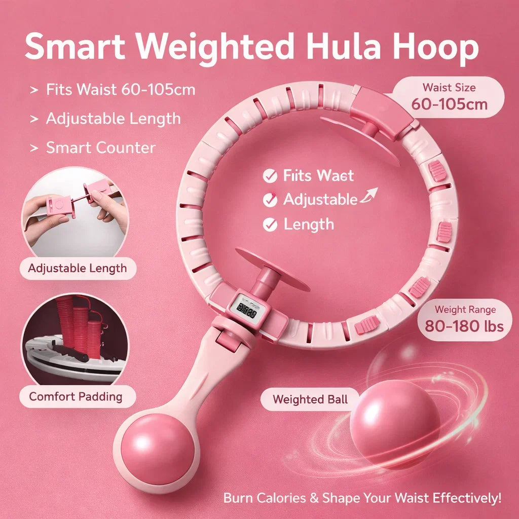 Smart Weighted Hula Hoop Adjustable Fitness Massage Ring with Counter and Ball for Waist Training - Pink