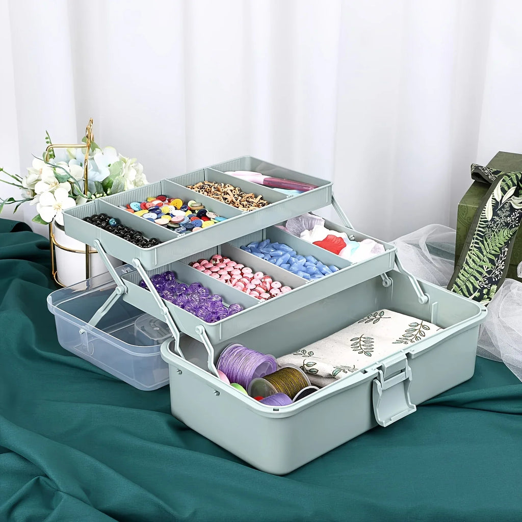 Storage Box 3 Layer Portable Craft Organiser with Adjustable Dividers Carry Handle - Green