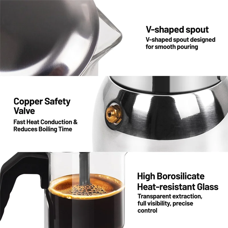 Coffee Maker 450mL 9 Cup Glass Stainless Steel Stovetop Espresso Brewer Transparent Extraction