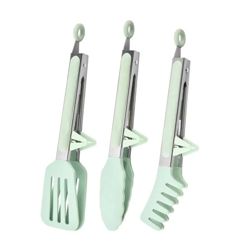 Food Tongs Stainless Steel Silicone Nylon Non Slip Cooking Serving BBQ Salad Clip - Green
