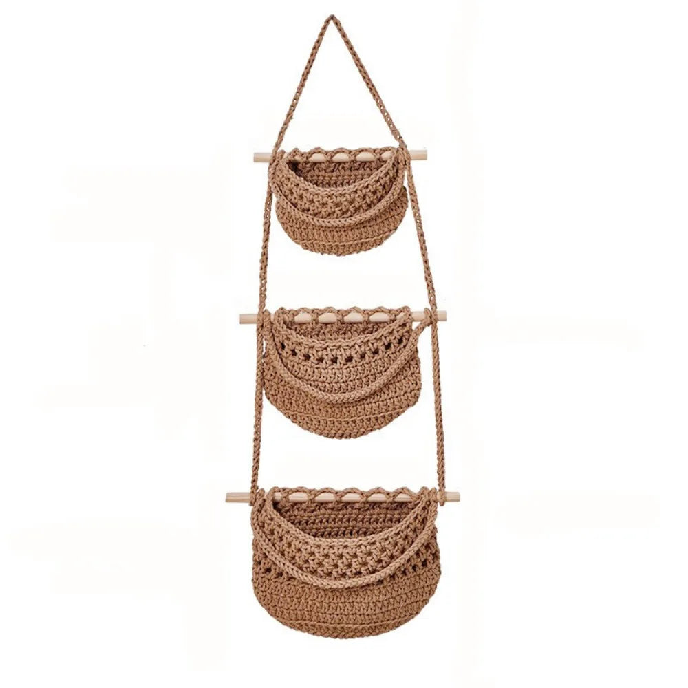 3 Tier Cotton Rope Hanging Storage Basket Wall Mounted Organizer – Beige