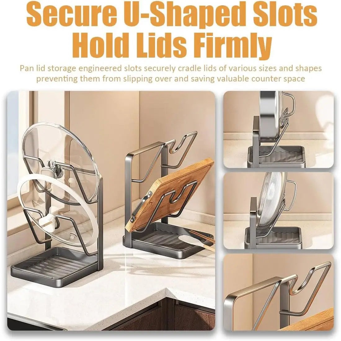 Pot Lid Rack 18.2 cm Stainless Steel Countertop 2 Tier Holder with Drainage Tray and Spoon Rest
