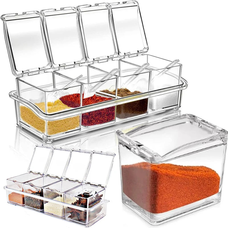 4 Compartment Clear Seasoning Box Spice Storage Container with Lids and Spoons – Transparent