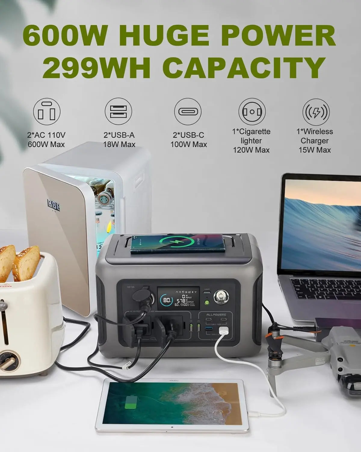 Portable Power Station 299Wh 600W Pure Sine Wave Emergency Battery Backup – Black