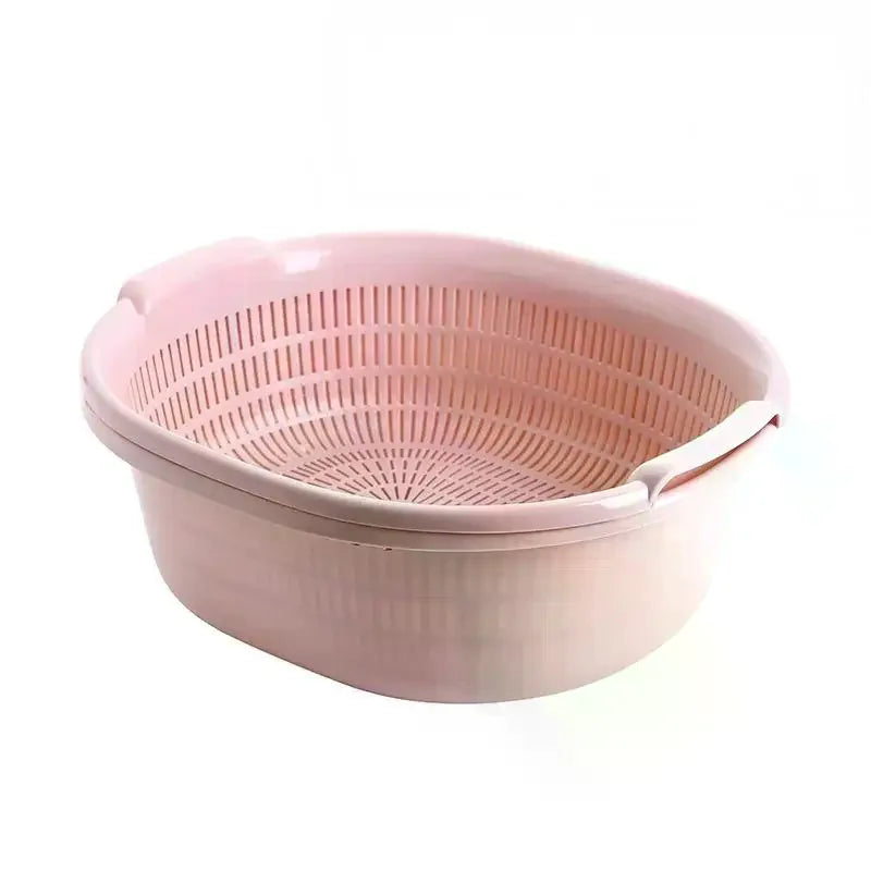 Double Layer Colander Set 30.4cm Plastic Vegetable Fruit Washing Bowl - Pink