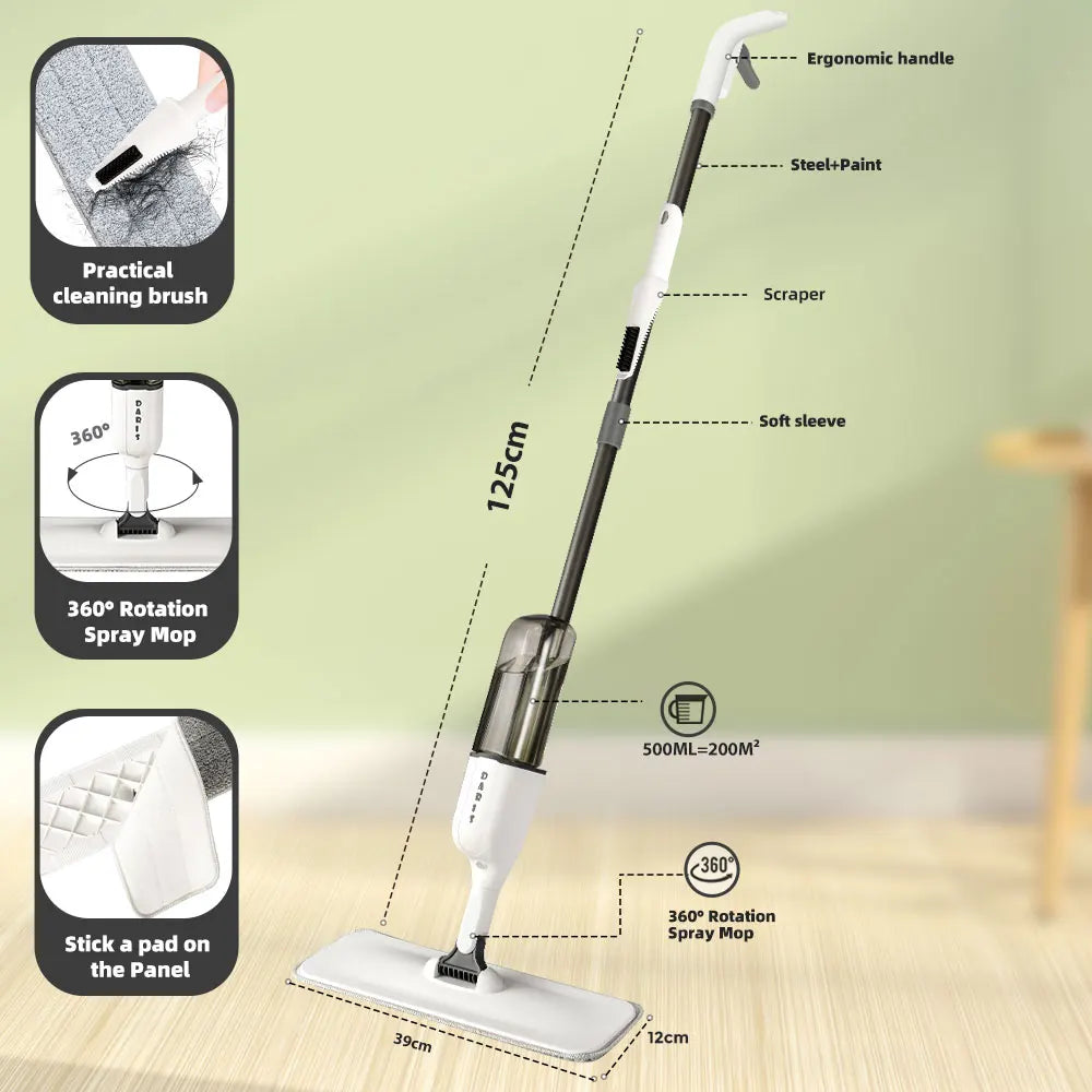 Spray Flat Mop 500ml 360 Rotating Floor Cleaner - 6 Microfiber Pads