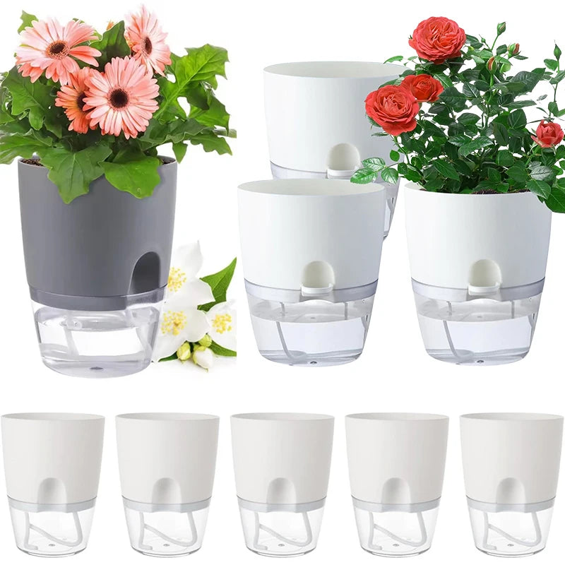 5Pcs Self Watering Planters Large L Wicking Flower Pots With Watering Bottle - White
