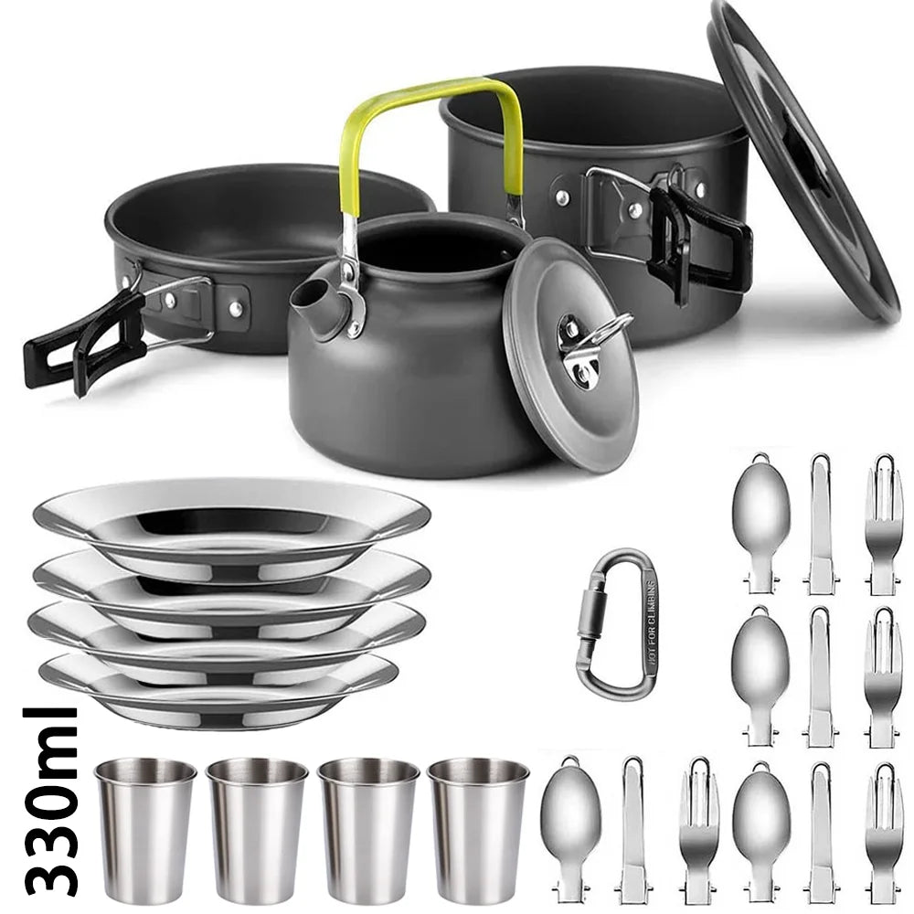 Camping Cookware Set 1-4 Person Non Stick Pots Pan Kettle Kit - 4 Stainless Steel Tableware 330 ML