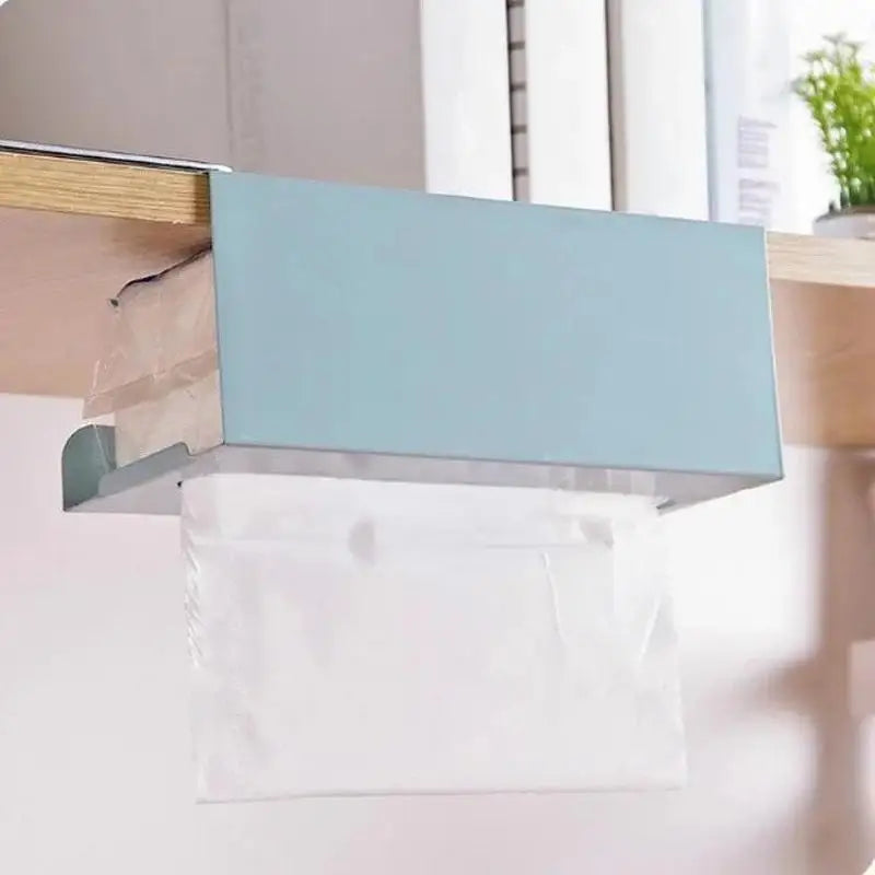 Under Cabinet Paper Towel Holder No Drill Hanging Iron Kitchen Tissue Roll Rack – Blue