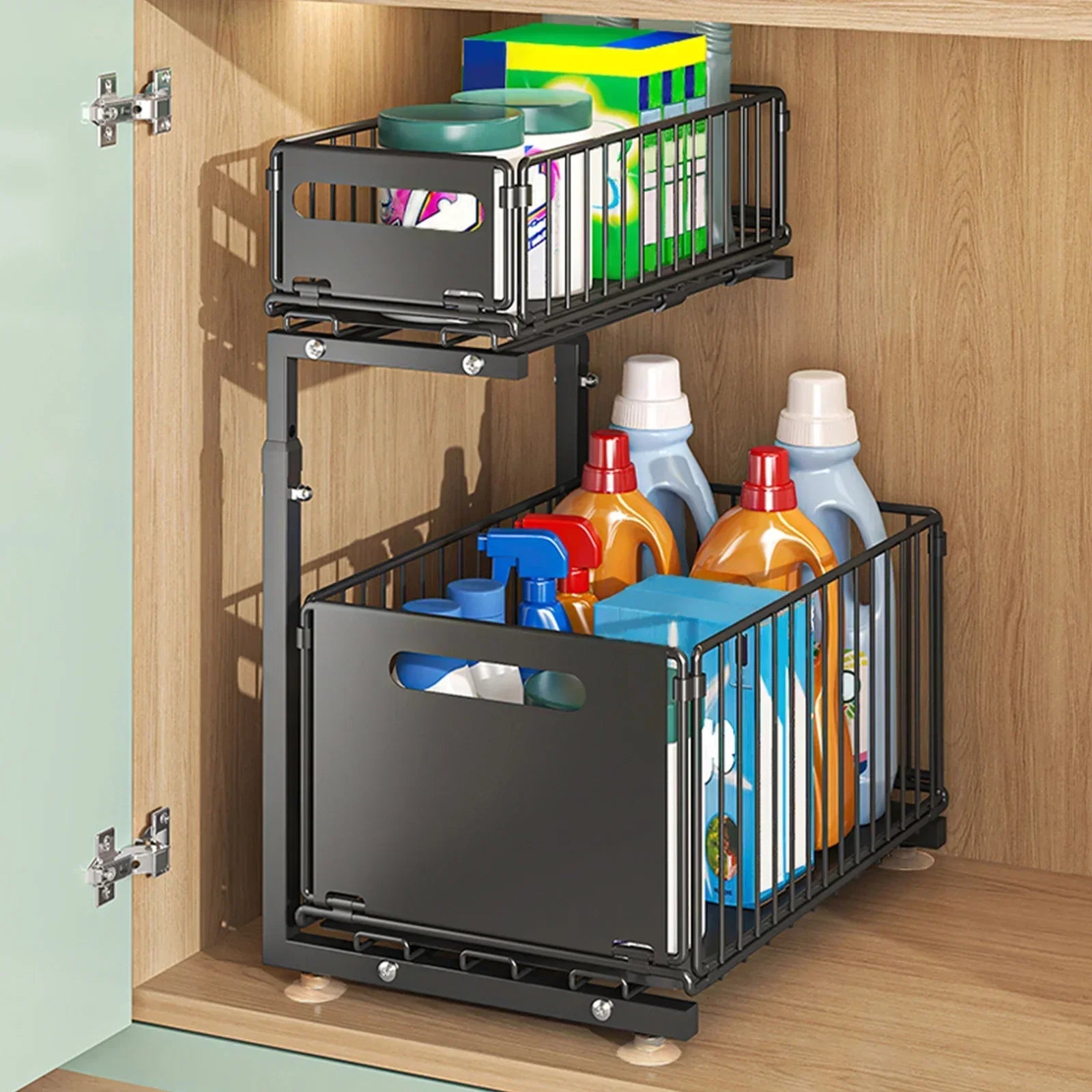 Portable Heavy Duty 2 Tier Under Sink Storage Organizer Adjustable Pull Out Cabinet Rack with Suction Base