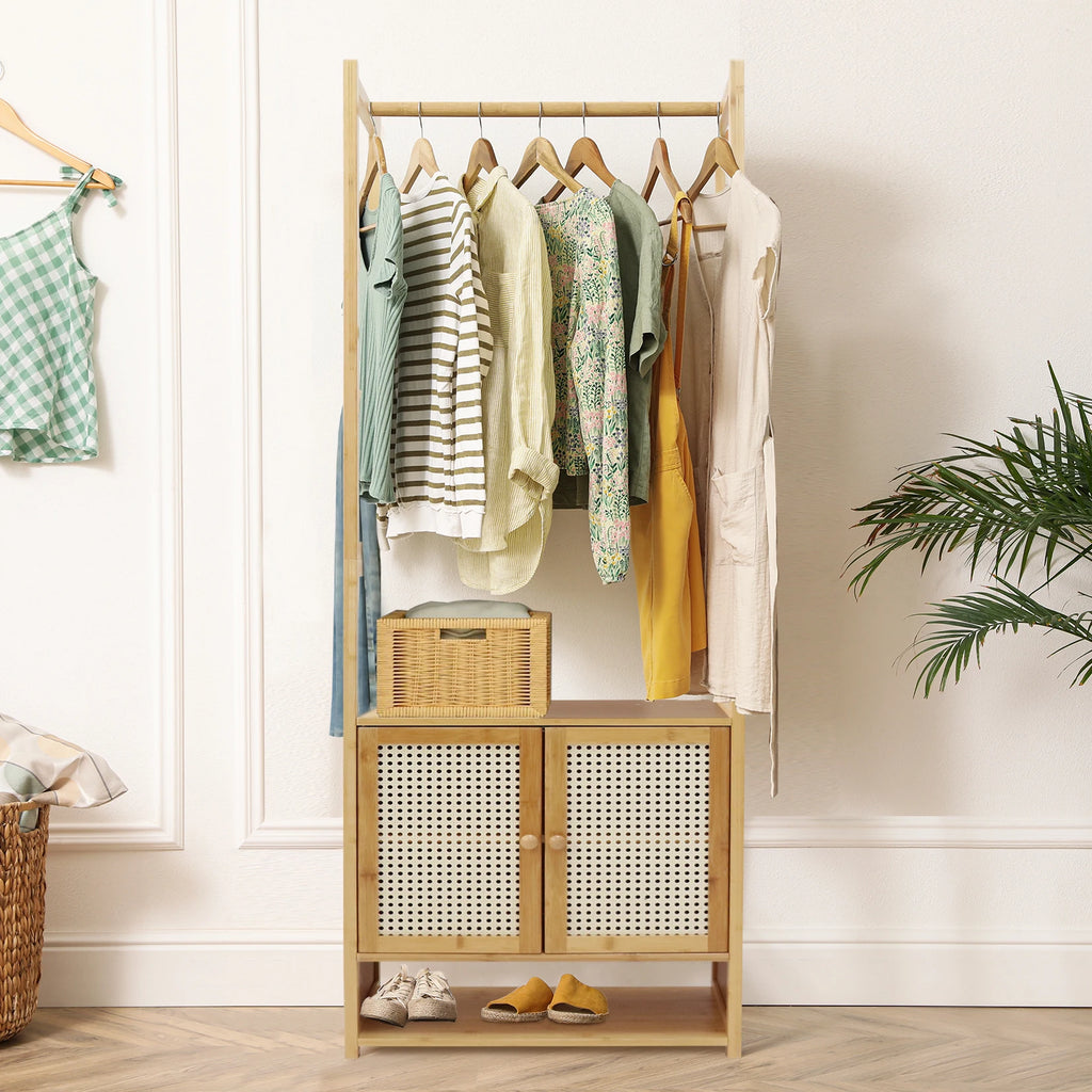 Bamboo Clothes Rack with Storage Cabinet Hanging Rail and Shelves Freestanding Wardrobe Organizer – Natural Wood