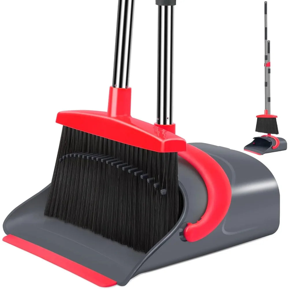 Broom and Dustpan Set Long Handle Upright Cleaning Combo Indoor Outdoor Use Red
