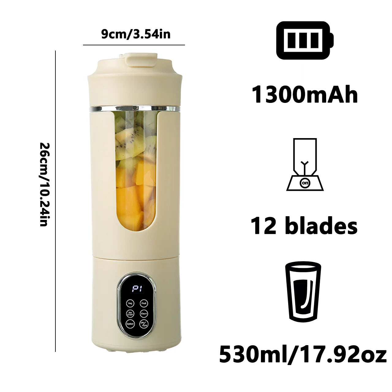 Portable Juicer 530ml Electric Blender USB Rechargeable 12 Blade Mixer with 4 Speed Settings - Beige