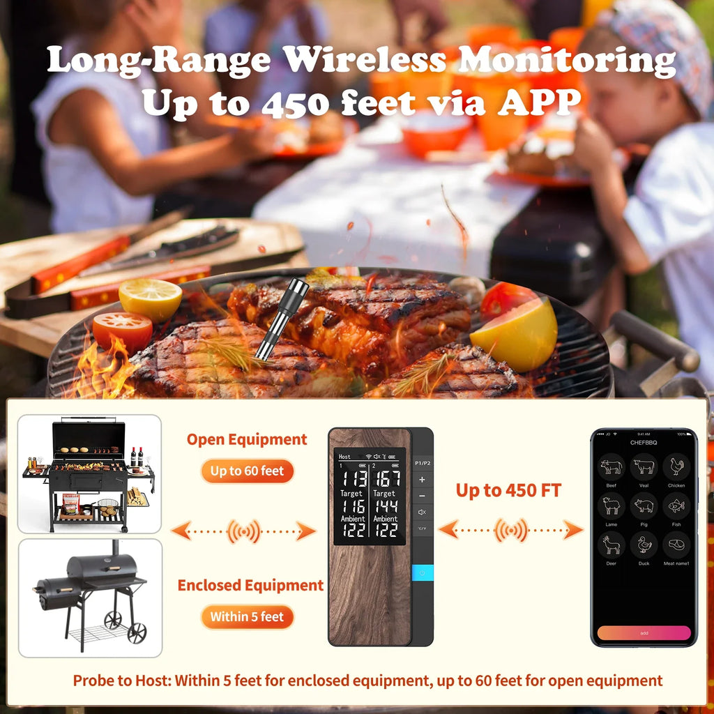 Wireless Digital Meat Thermometer Bluetooth Probe Thermometer with LCD Screen & Mobile App 4 Probes