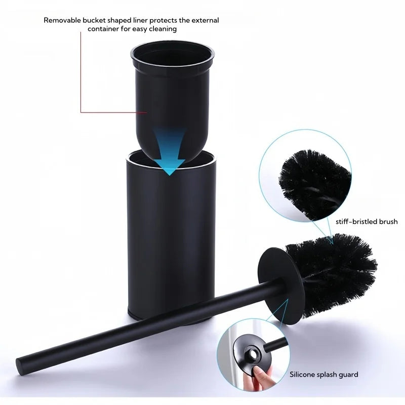 Wall Mounted Toilet Brush with Holder No Drill Stainless Steel Handle Bathroom Cleaning Brush Set – Black