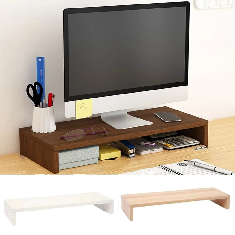 Wooden Monitor Stand Riser Double Layer Desktop Organiser with Storage Shelf – Khaki